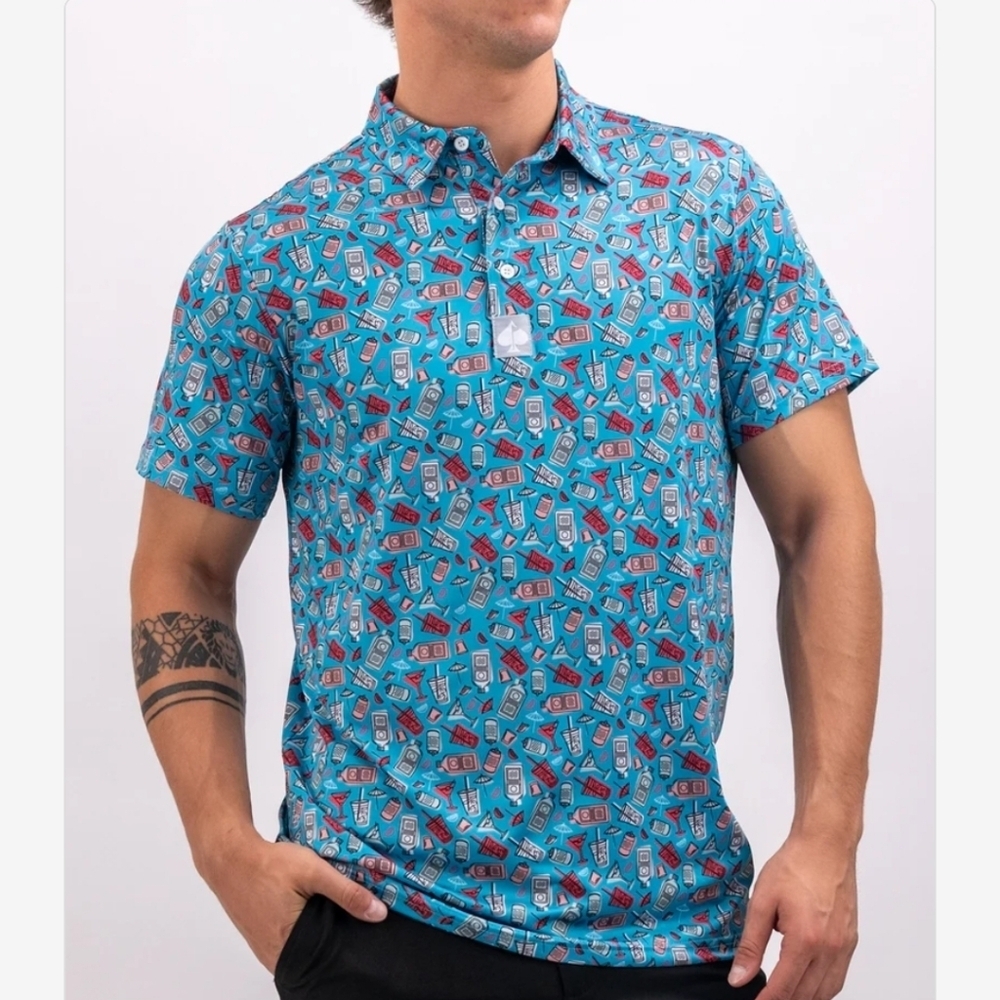 Pins & Aces Day Drinker Athletic Fit Golf Polo XL Drink Print In Blue Pink Sport